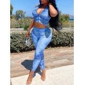 Lovely Casual Tie Dye Zipper Design Blue Two Piece