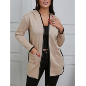 Lovely Casual Hooded Collar Striped Khaki Coat