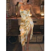 Lovely Sexy Print Ruched Asymmetrical White Mid Ca