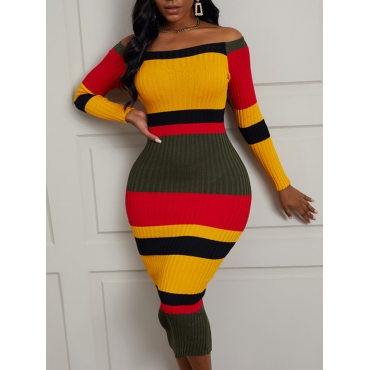 

LW Off The Shoulder Striped Rib-Knit Bodycon Dress, Yellow stripes