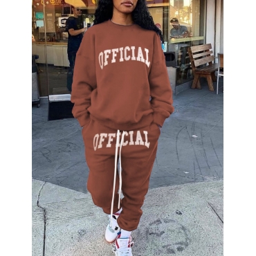 

LW Plus Size Letter Print Drawstring Pants Set, Coffee