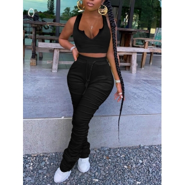 

LW Casual V Neck Fold Design Black Two Piece Pants Set