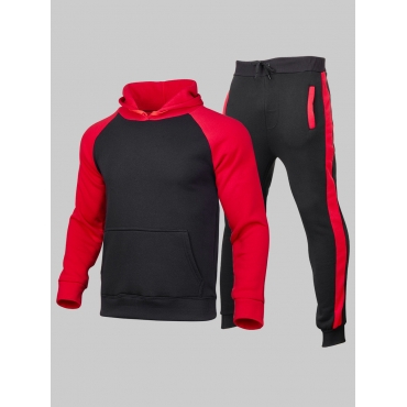 

LW Men Sportswear Hooded Collar Color-lump Red Two Piece Pants Set