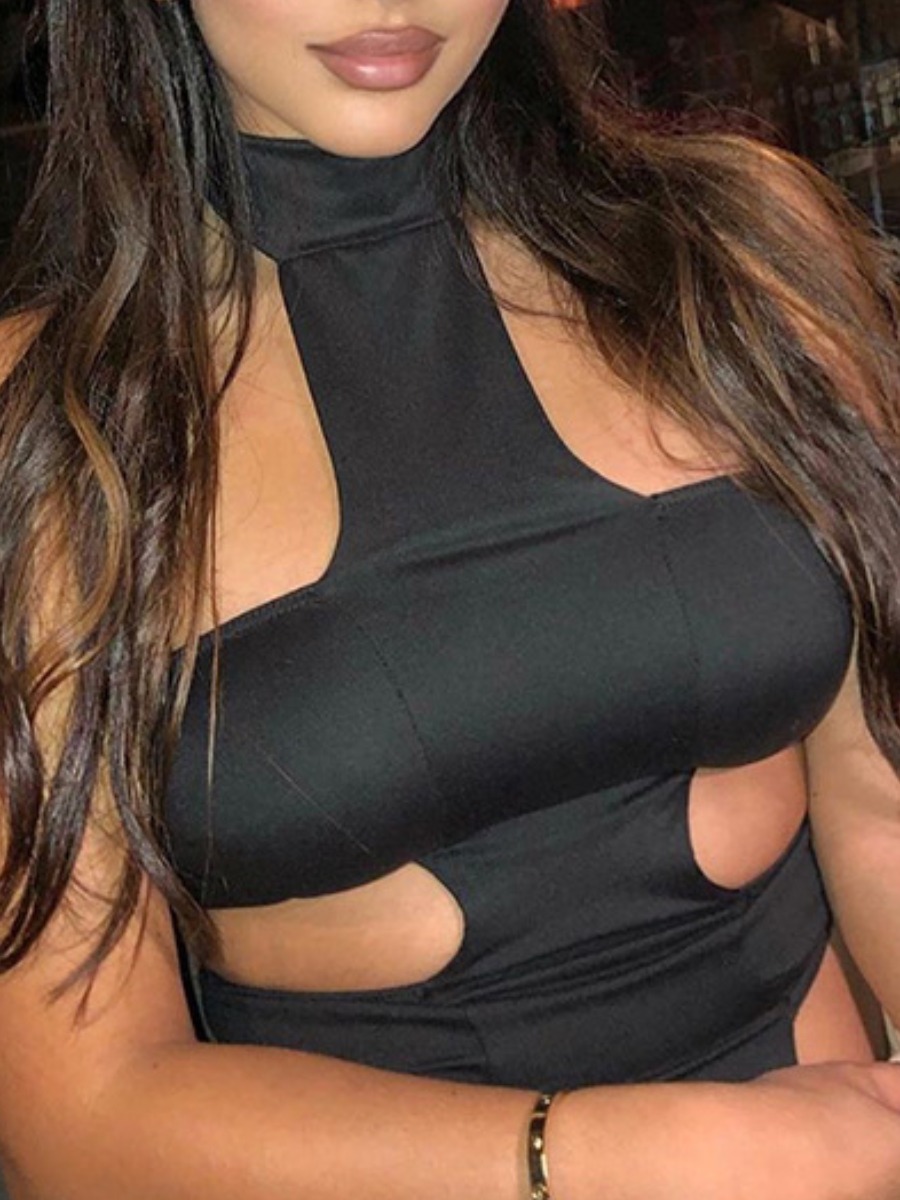 

Lovely Sexy Turtleneck Hollow-out Black Bodysuit