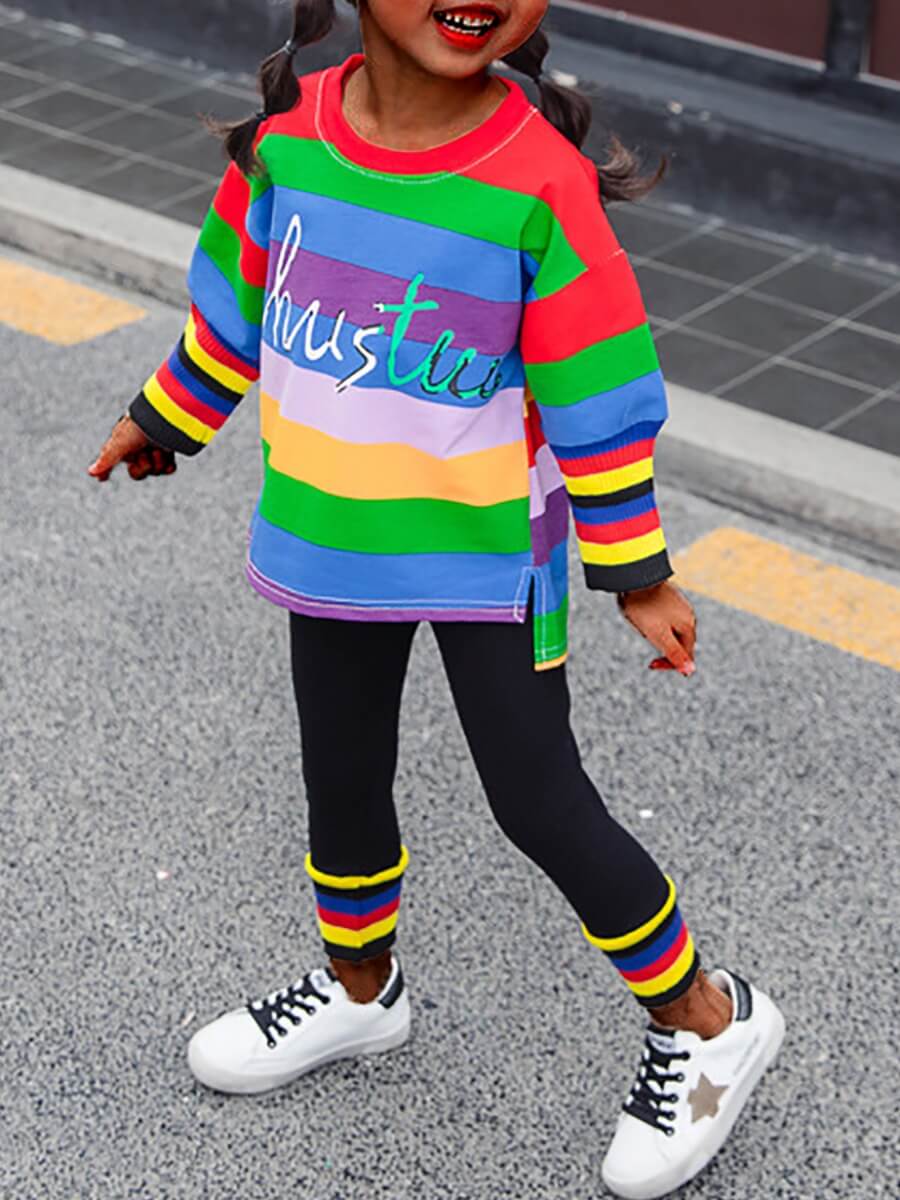 

Lovely Casual Striped Patchwork Split Multicolor Girl Two Piece Pants Set, Multicolor mstn