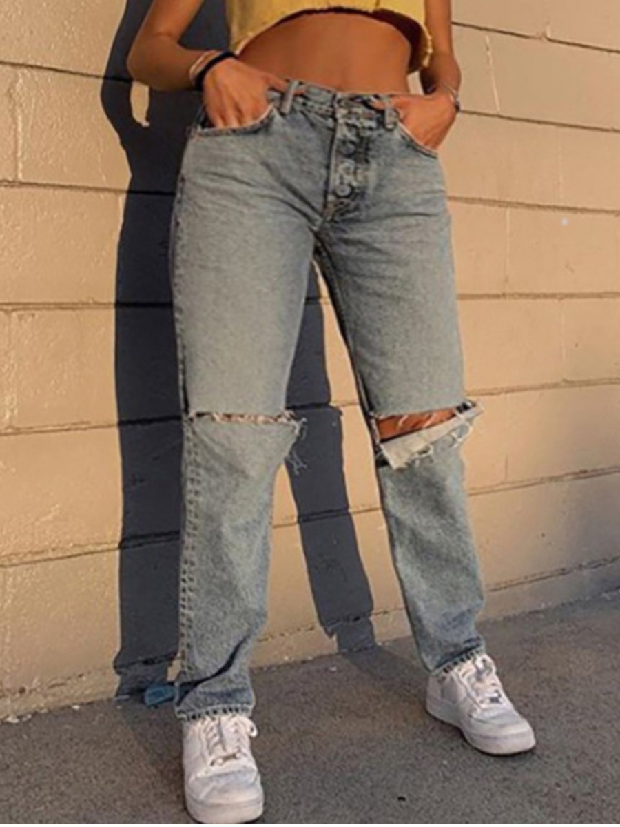 

Lovely Casual Mid Waist Ripped Baby Blue Jeans