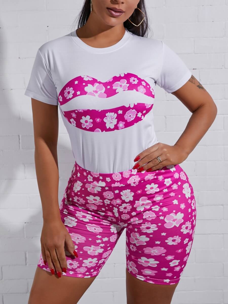 

Lovely Sweet Lip Floral Print White Two Piece Shorts Set