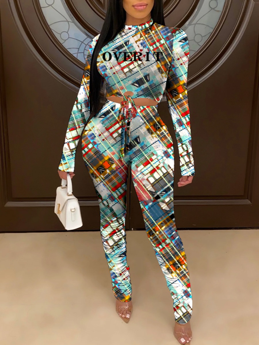 

LW Sweet Letter Geometric Print Yellow Two Piece Pants Set