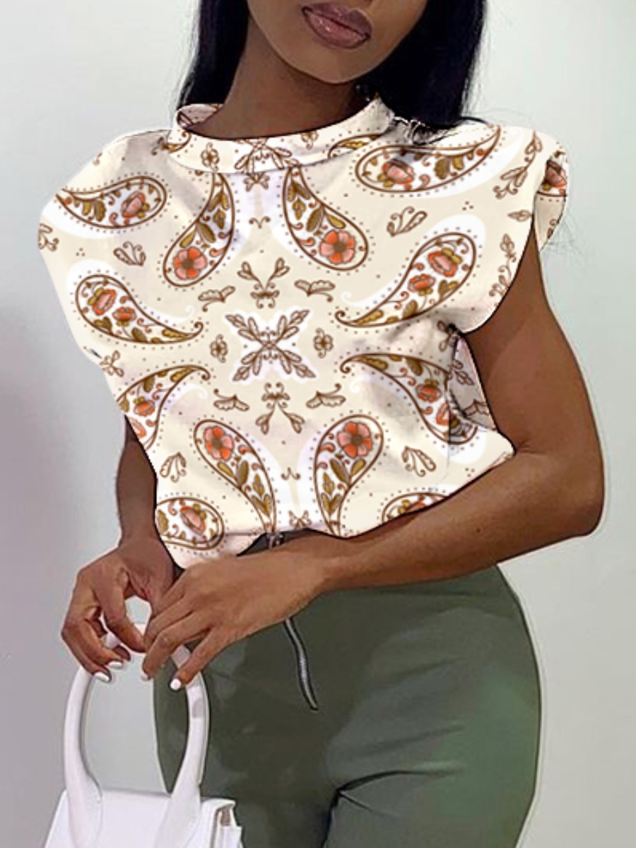 

Lovely Casual O Neck Paisley Print Beige T-shirt(No-positioning Printing)