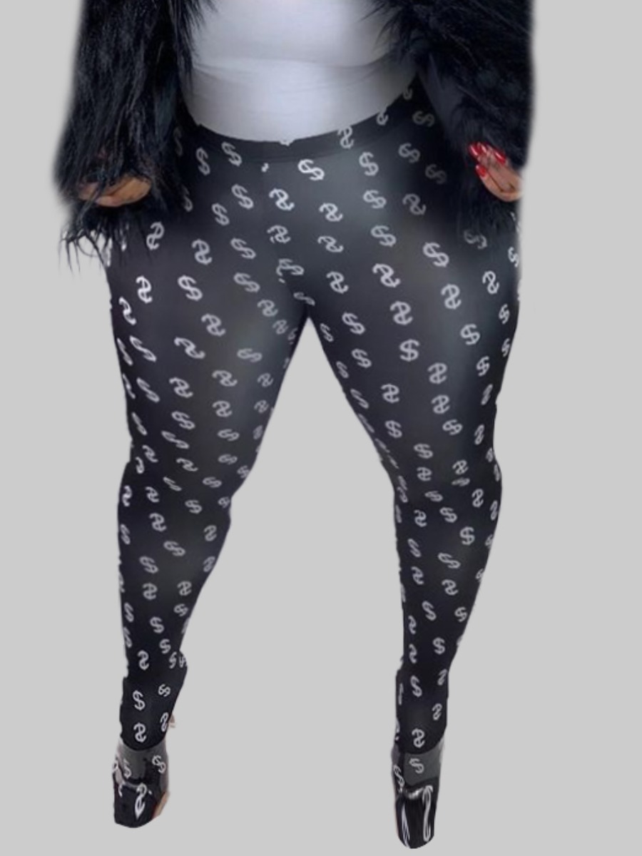 

Lovely Trendy Mid Waist Dollar Sign Print Black Plus Size Pants