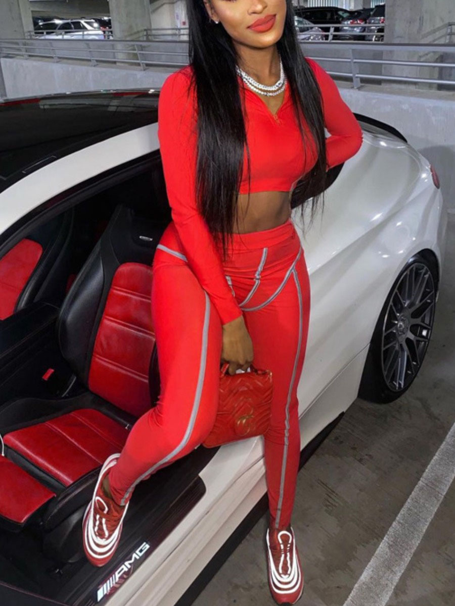 

Lovely Sportswear V Neck Striped Red Two Piece Pants Set