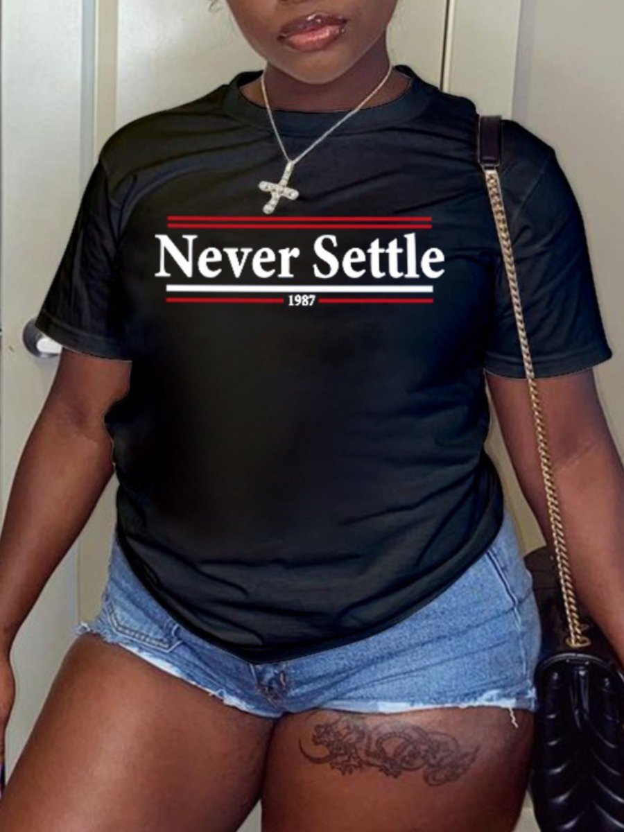 

Lovely Plus Size Casual O Neck Letter Print Black T-shirt