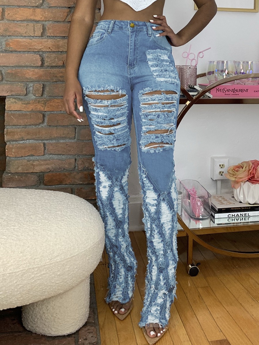 

Lovely Casual Ripped Raw Edge Baby Blue Jeans