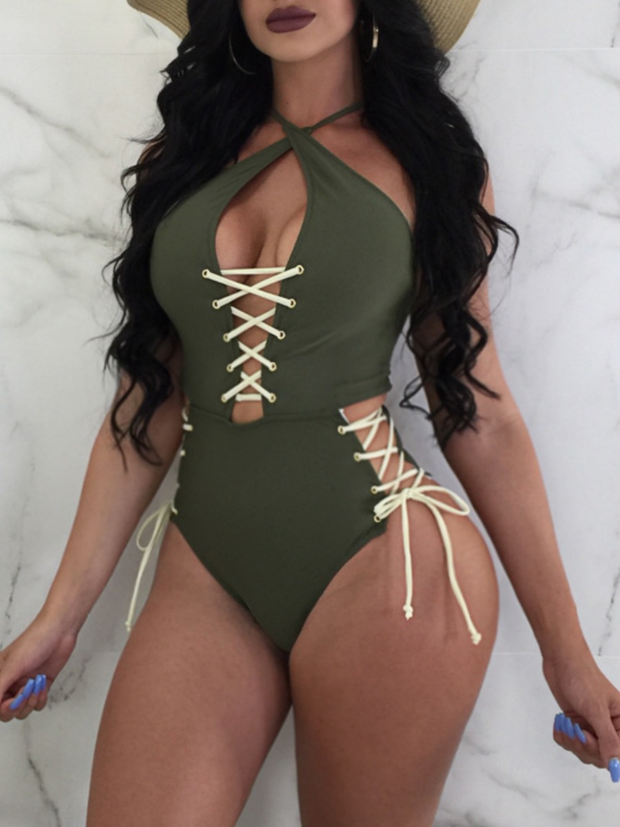 

Lovely Trendy Bandage Hollow-out Design Green One-piece Swimsuit