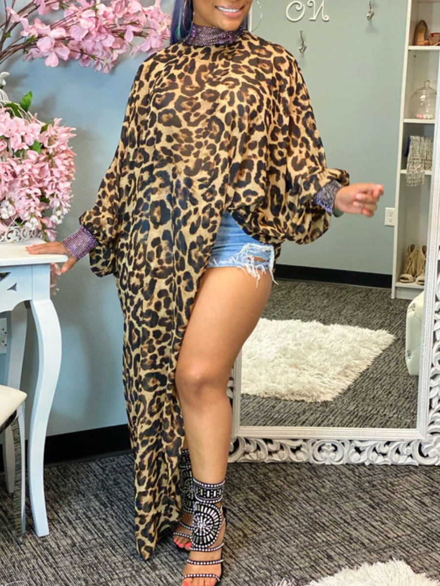

Lovely Plus Size Casual Leopard Print Asymmetrical Blouse