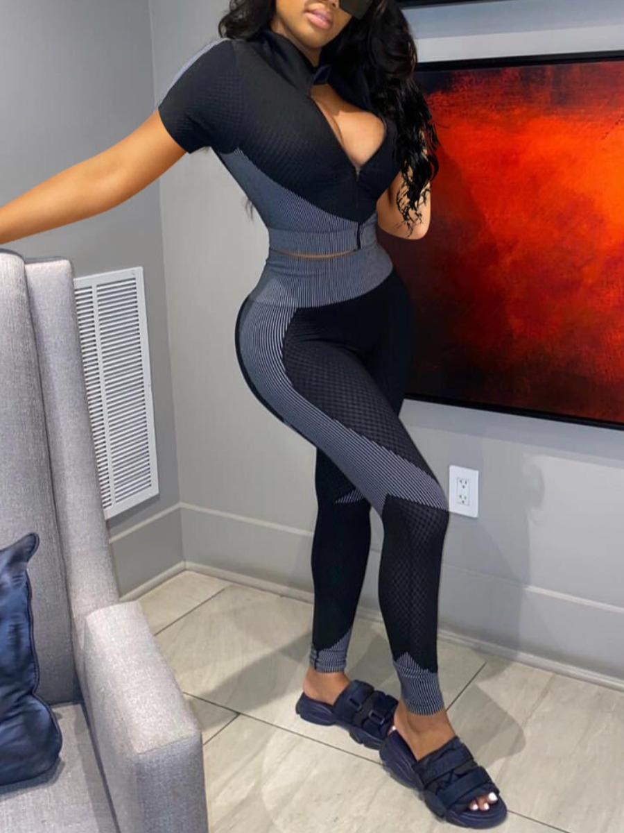 

Lovely Sportswear Print Patchwork Skinny Grey Two Piece Pants Set