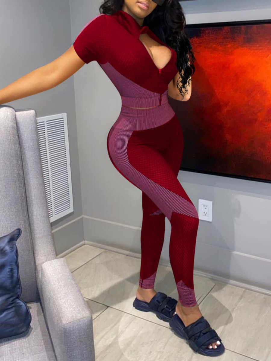 

Lovely Sportswear Print Patchwork Skinny Red Two Piece Pants Set