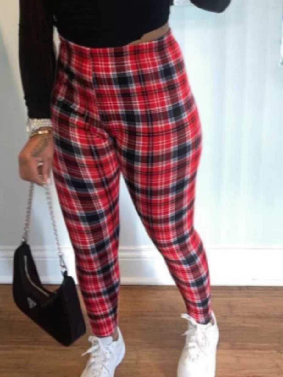 

Lovely Casual Elastic Waist Plaid Print Red Pants