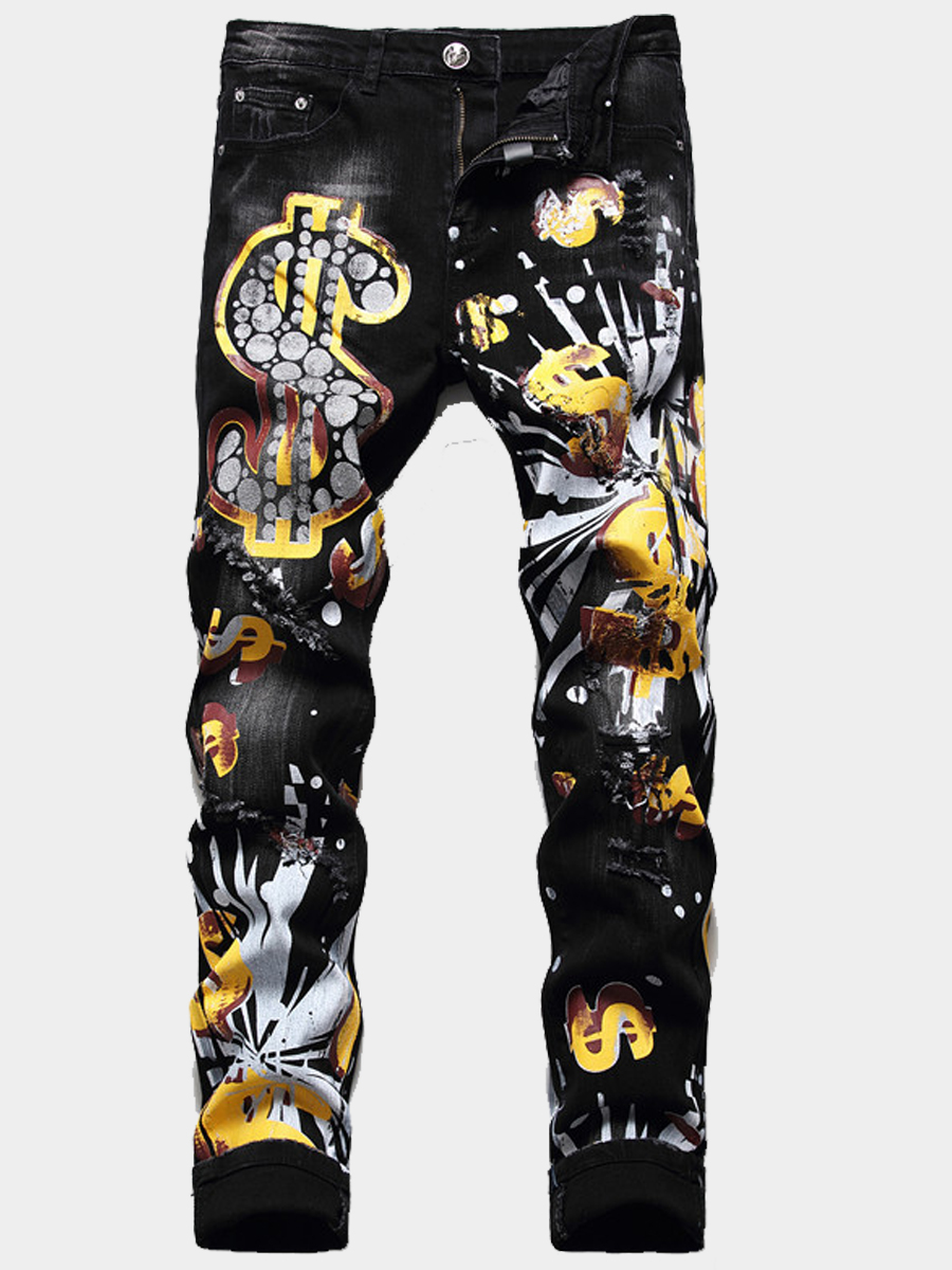 

Lovely Men Casual Mid Waist Graffiti Print Black Jeans