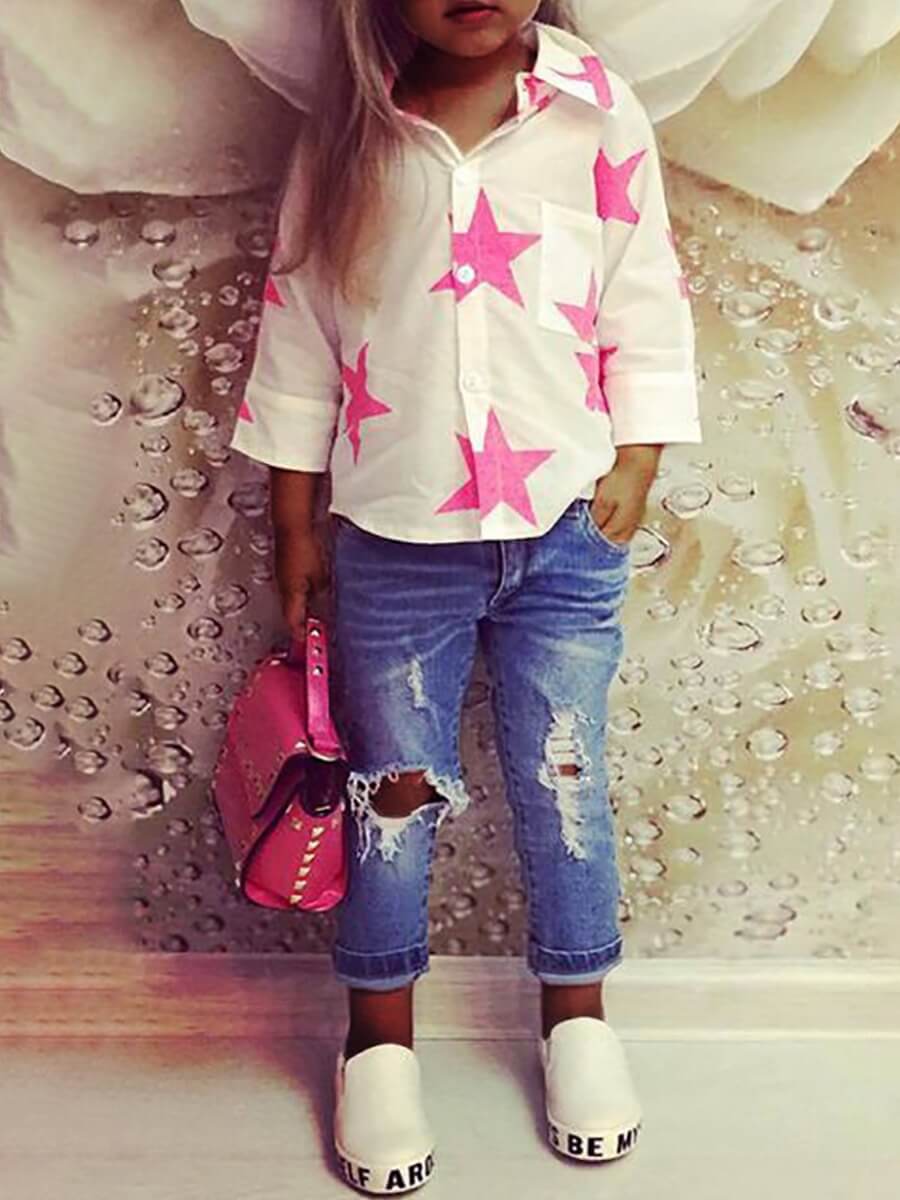 

Lovely Girl Casual Star Print Broken Holes White Two Piece Pants Set