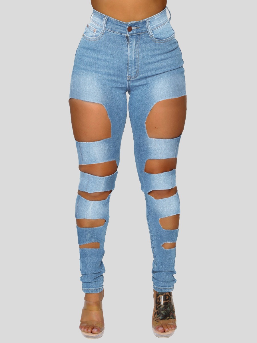 

Lovely Street High-waisted Broken Holes Skinny Blue Jeans