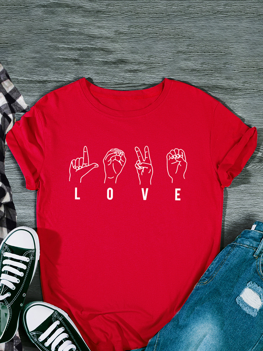 

Lovely Casual O Neck Letter Print Red Plus Size T-shirt