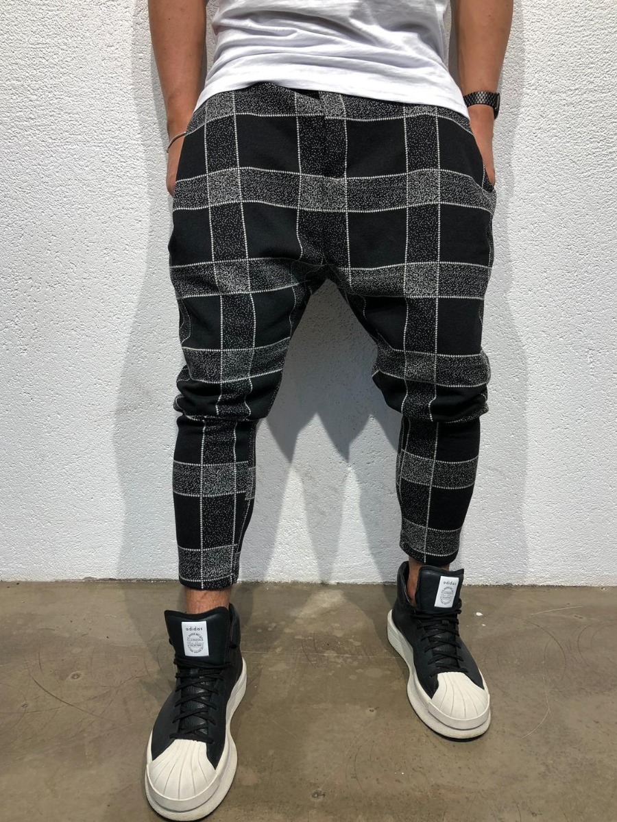 

Lovely Casual Mid Waist Plaid Print Black Men Pants