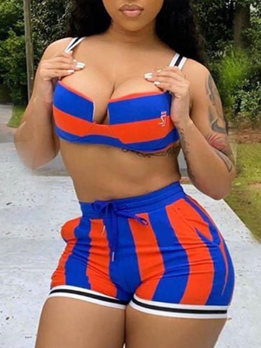 

Lovely Trendy Drawstring Striped Patchwork Blue Plus Size Two-piece Shorts Set