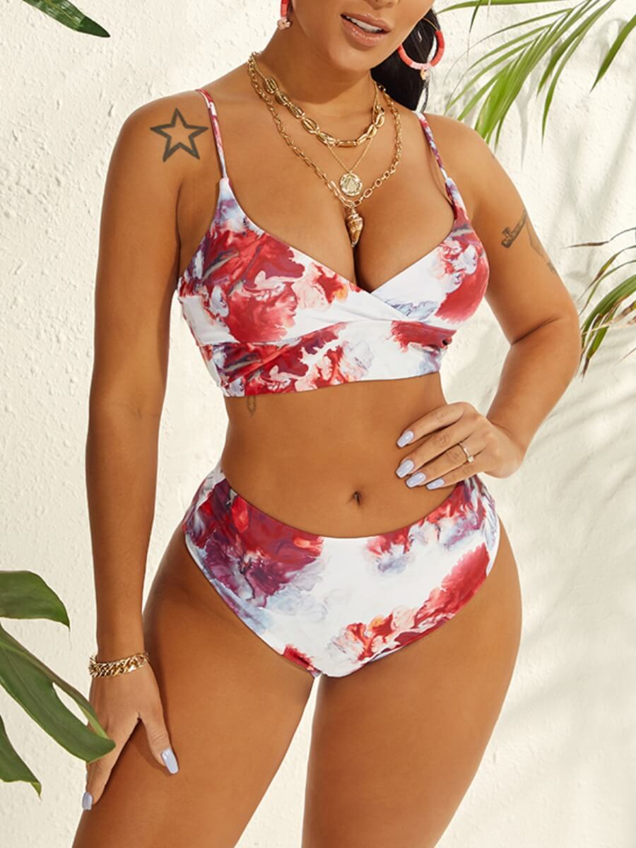 

Lovely Casual Cross-over Tie-dye Red Two-piece Swimsuit