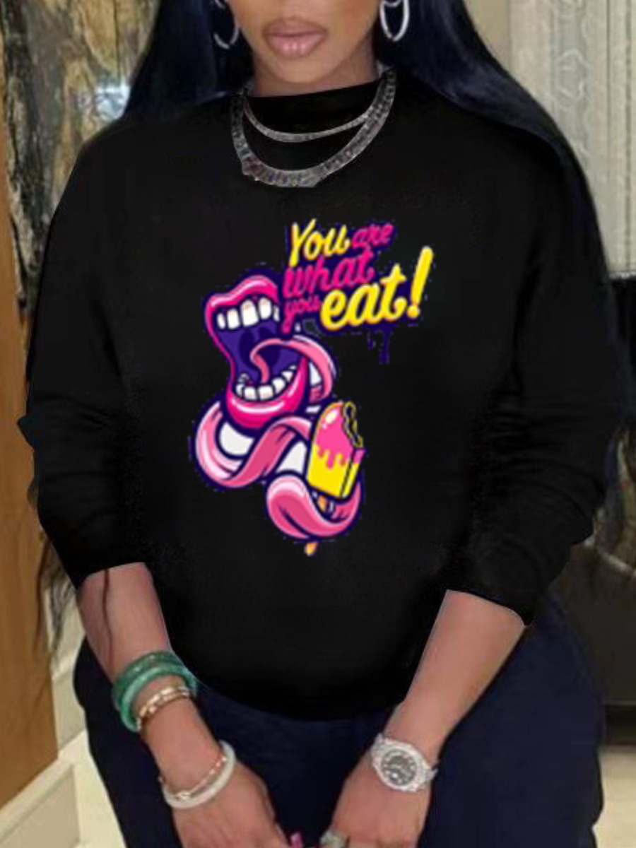 

Lovely Casual O Neck Lip Letter Print Black Hoodie