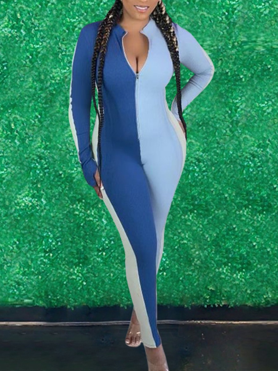 

Lovely Casual Color-lump Zipper Design Blue One-piece Jumpsuit