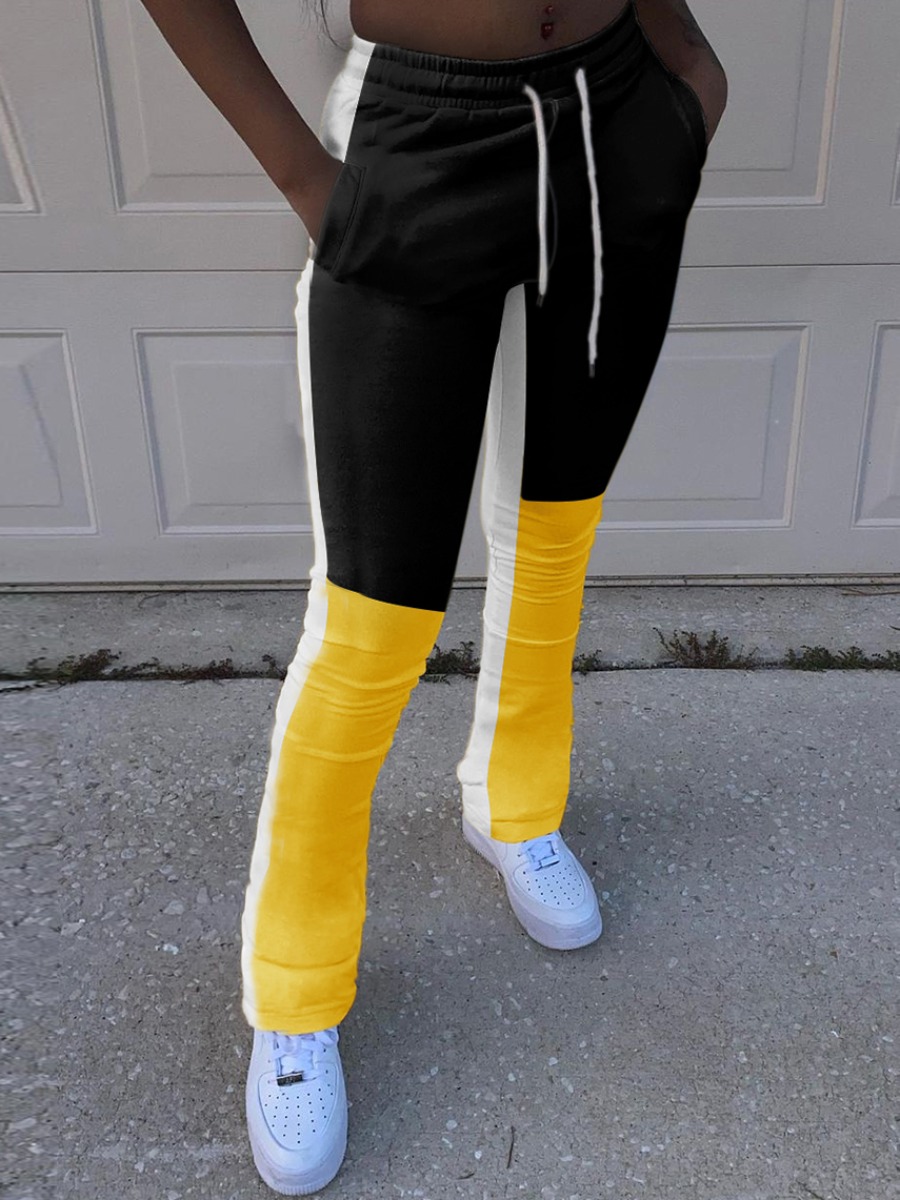 

LW Casual Drawstring Color-lump Patchwork Black Pants, Yellow