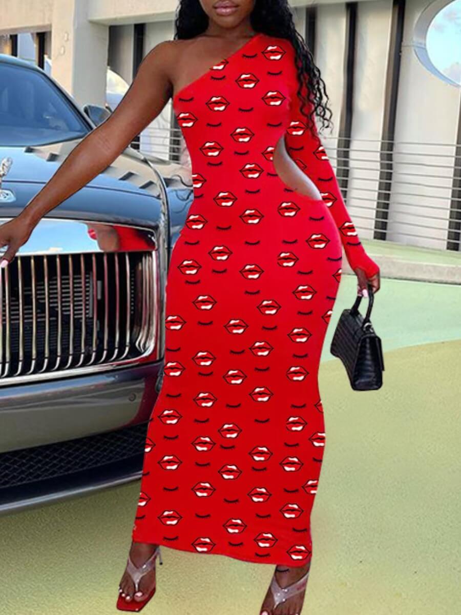 

Lovely Casual One Shoulder Lip Print Red Ankle Length Dress