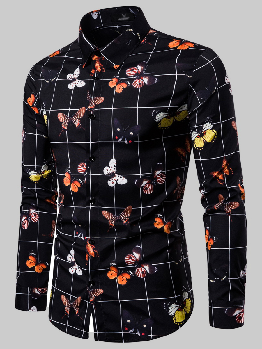 

Lovely Men Casual Butterfly Plaid Print Black Shirt