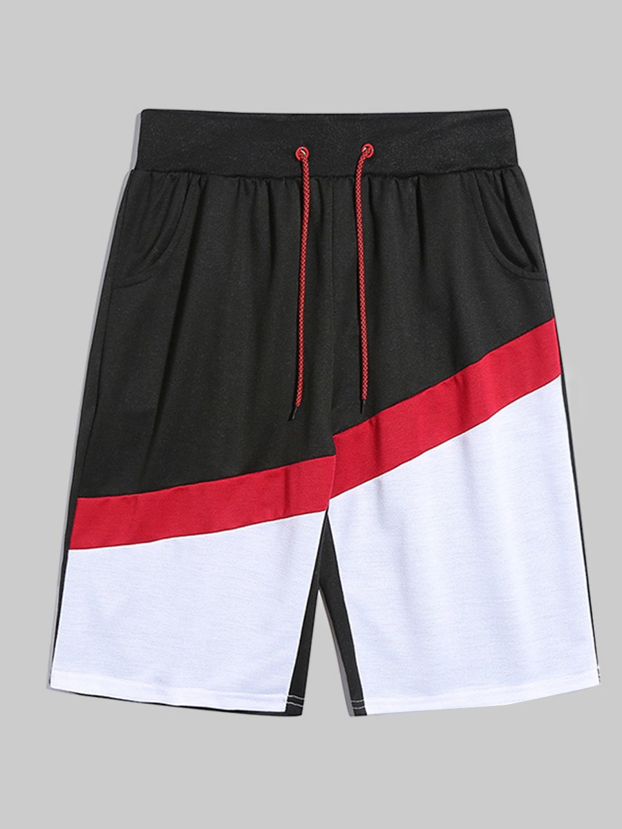 

Lovely Men Casual Mid Waist Patchwork Drawstring Black Shorts