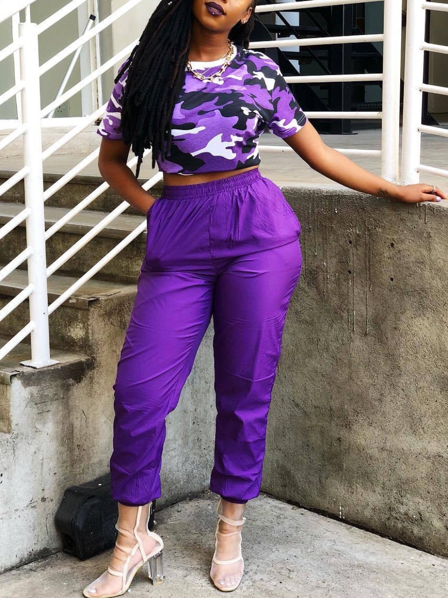 

Lovely Casual O Neck Camo Print Purple Two Piece Pants Set