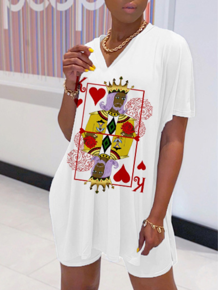 

Lovely Casual V Neck Card Print Patchwork White Two Piece Shorts Set