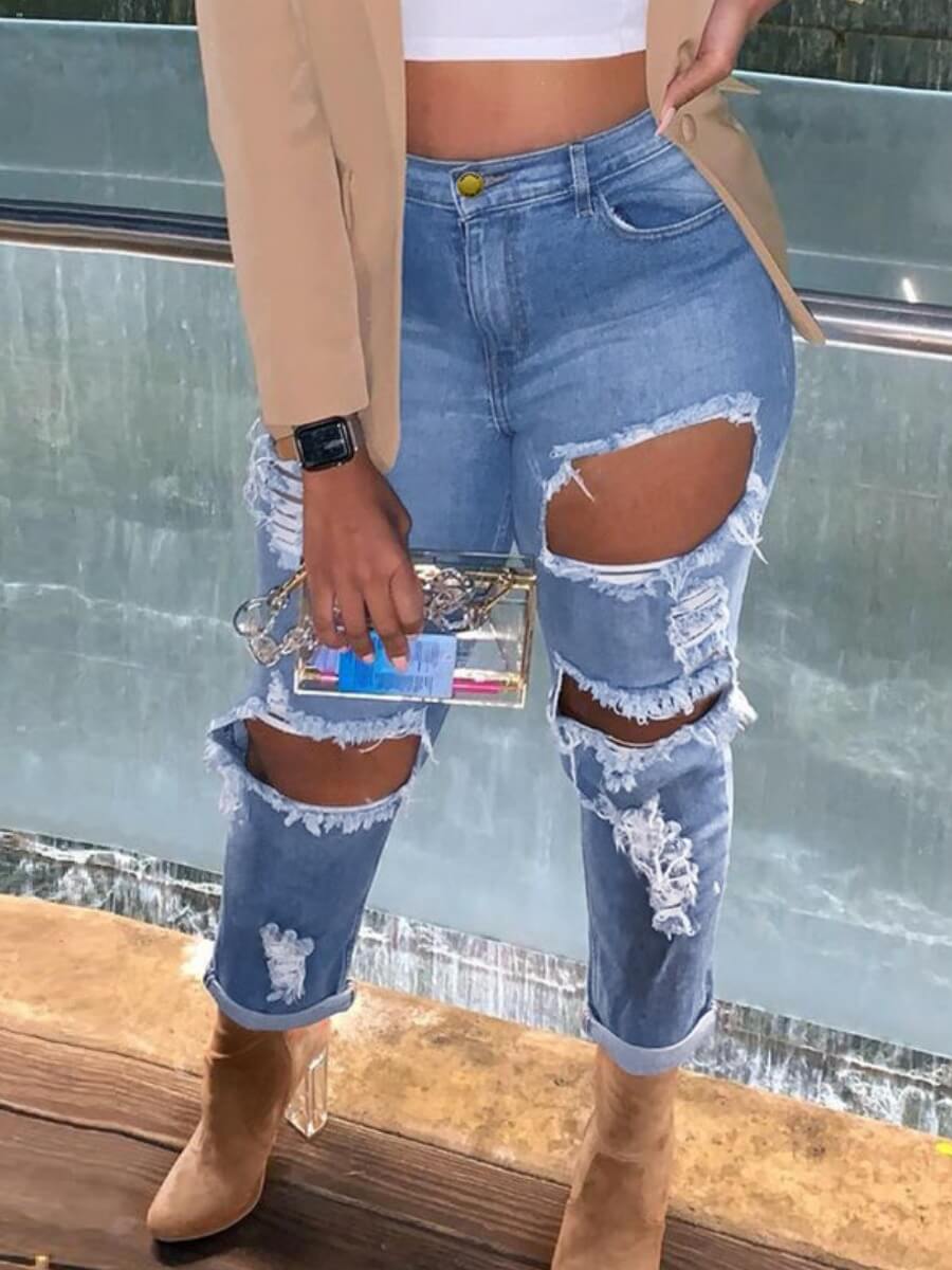 

Lovely Street High-waisted Broken Holes Blue Plus Size Jeans