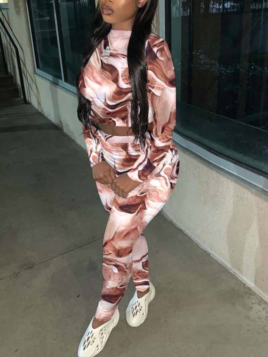 

Lovely Sweet O Neck Print Patchwork Brown Two Piece Pants Set(No-positioning Printing