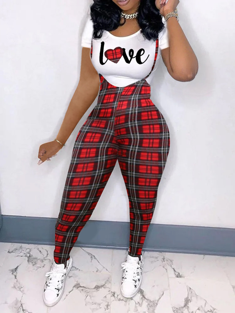 

Lovely Casual O Neck Plaid Letter Print Red Plus Size Two-piece Pant Set