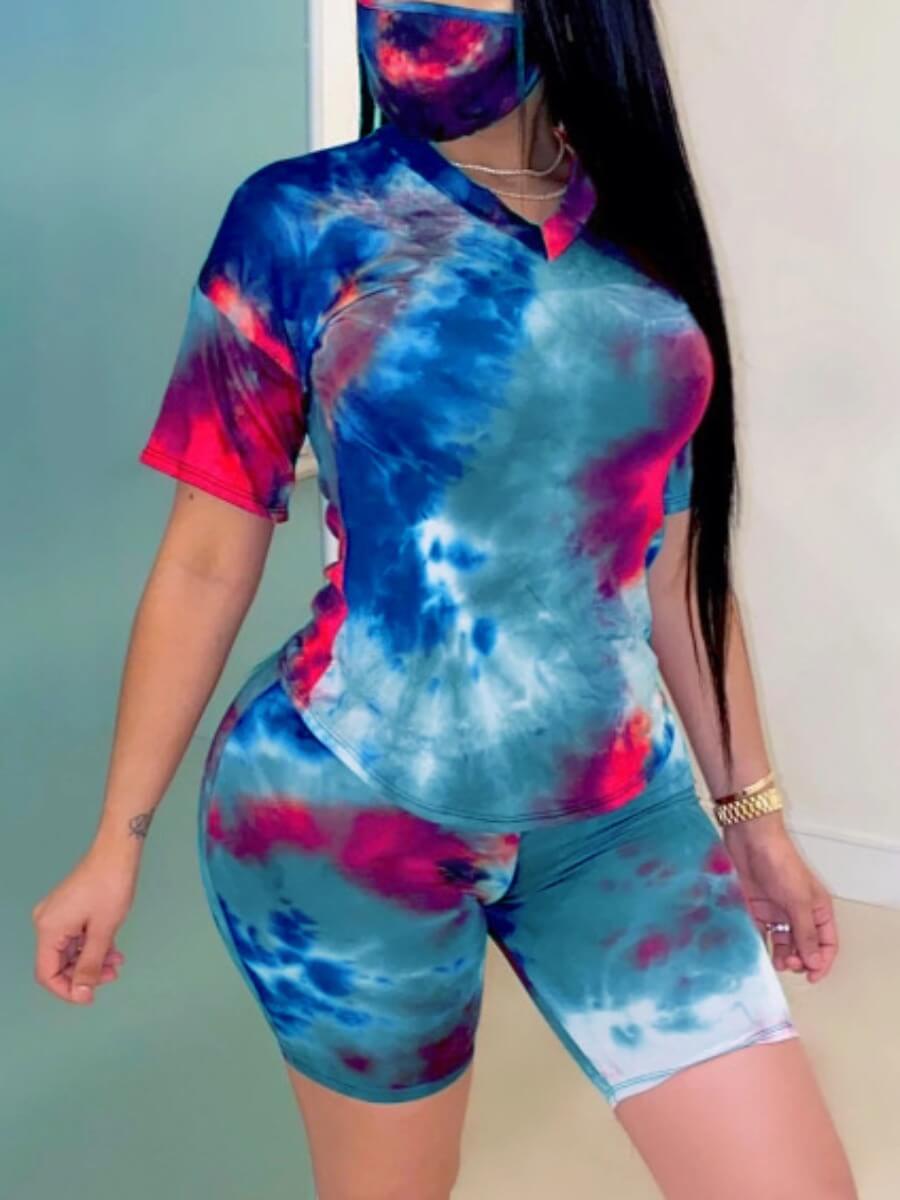 

Lovely Casual V Neck Tie Dye Blue Two Piece Shorts Set