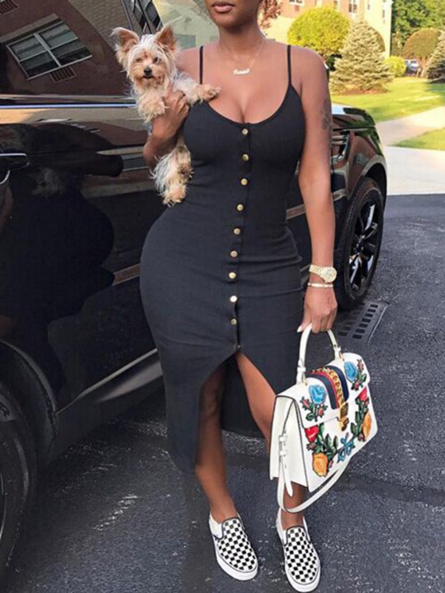 

LW Plus Size Casual Button Design Split Black Mid Calf Dress