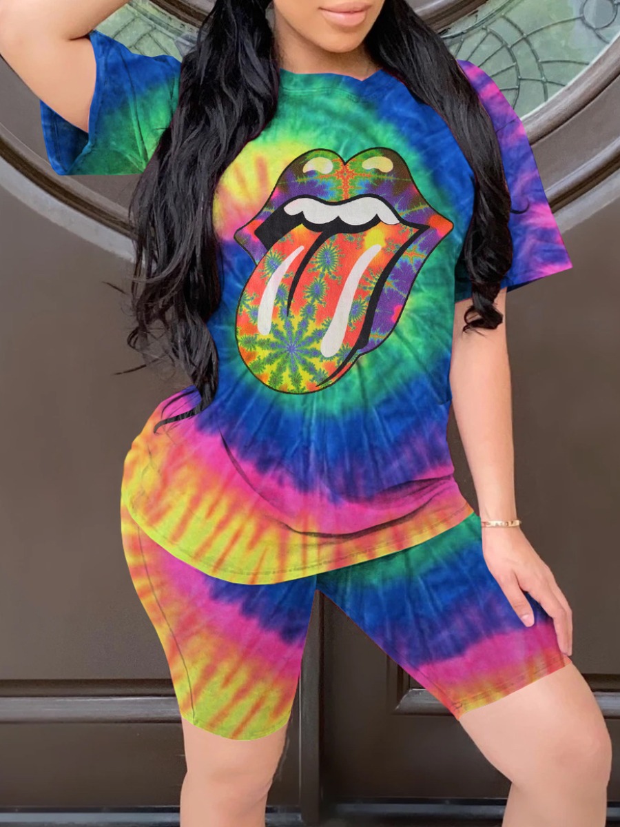 

Lovely Street Lip Print Tie Dye Blue Two Piece Shorts Set