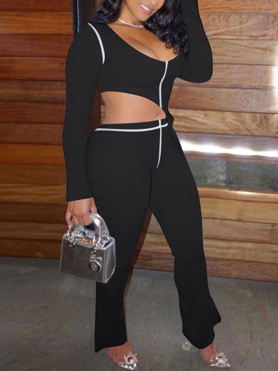 

Lovely Casual Asymmetrical Striped Black Two Piece Pants Set