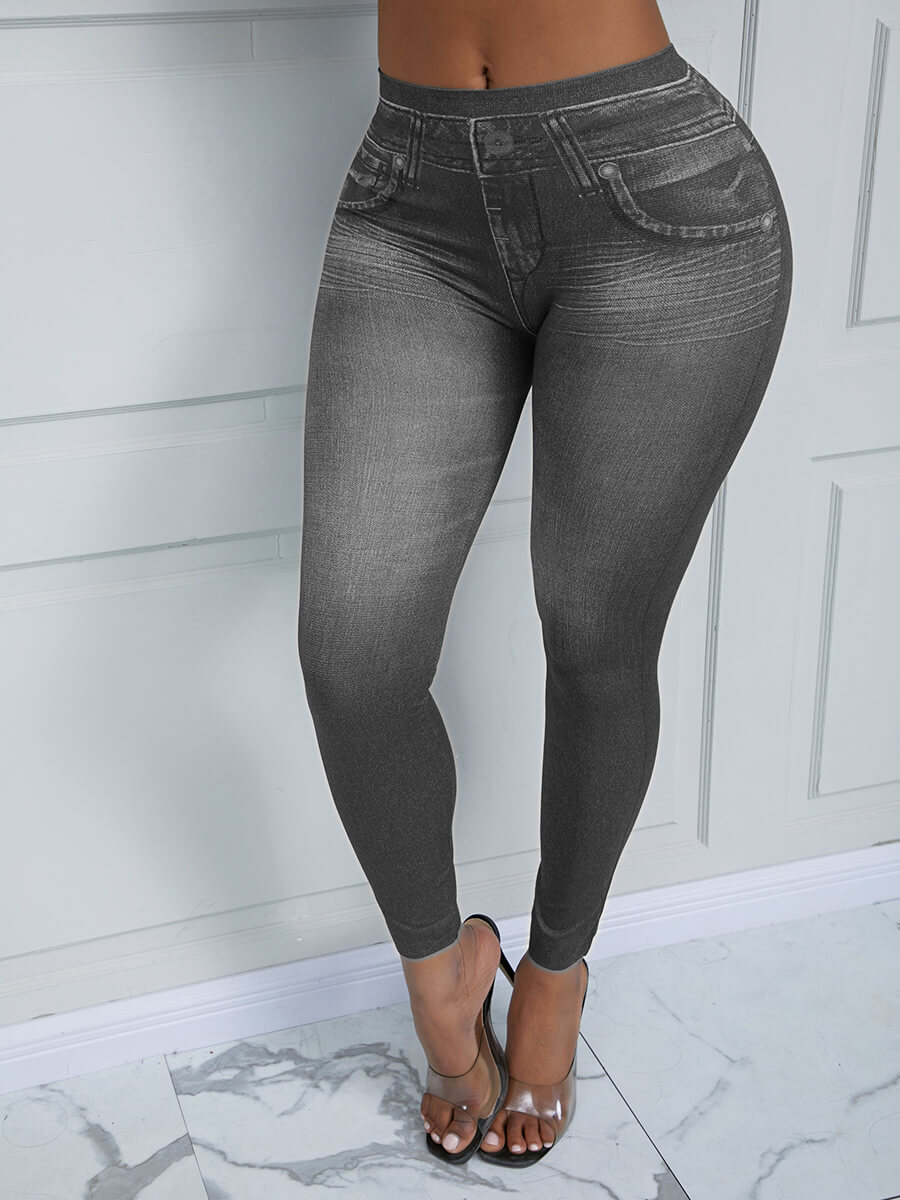 

LW Mid Waist Imitation Denim Skinny Leggings, Grey