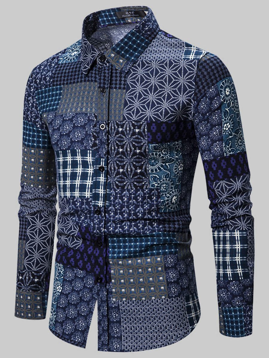

Lovely Casual Turndown Collar Print Patchwork Deep Blue Men Shirt