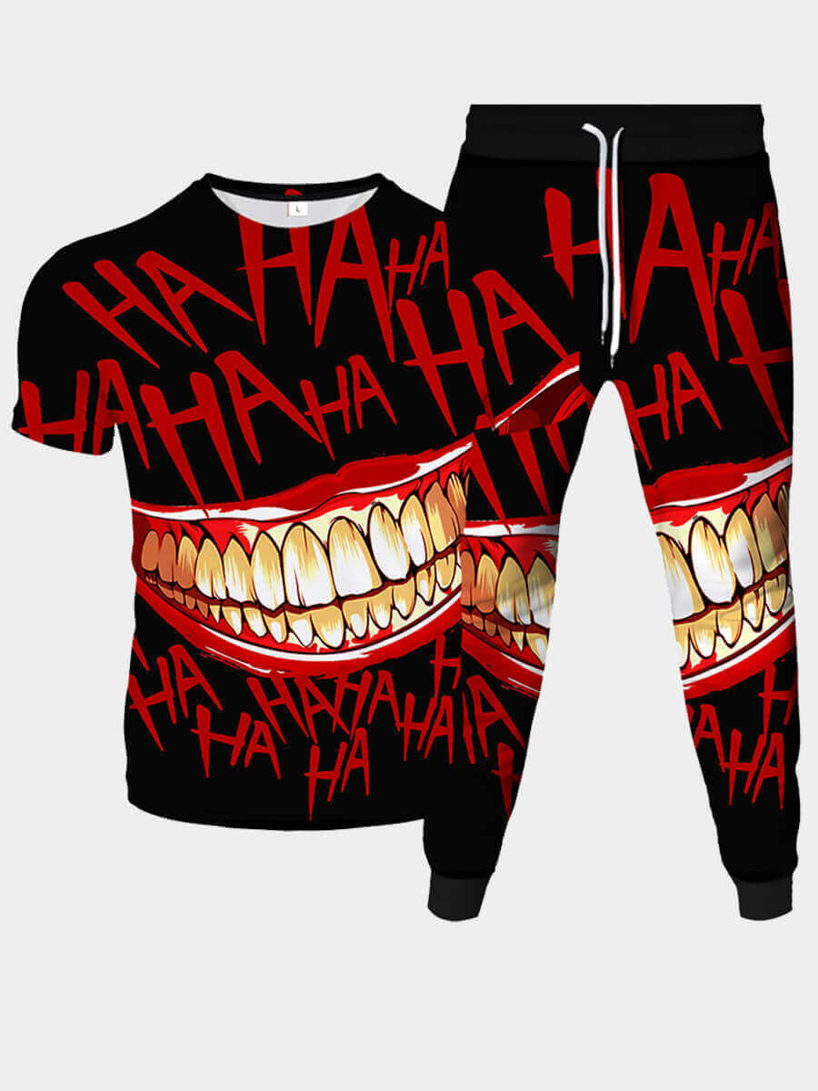 

Lovely Men Casual O Neck Lip Letter Print Black Two Piece Pants Set
