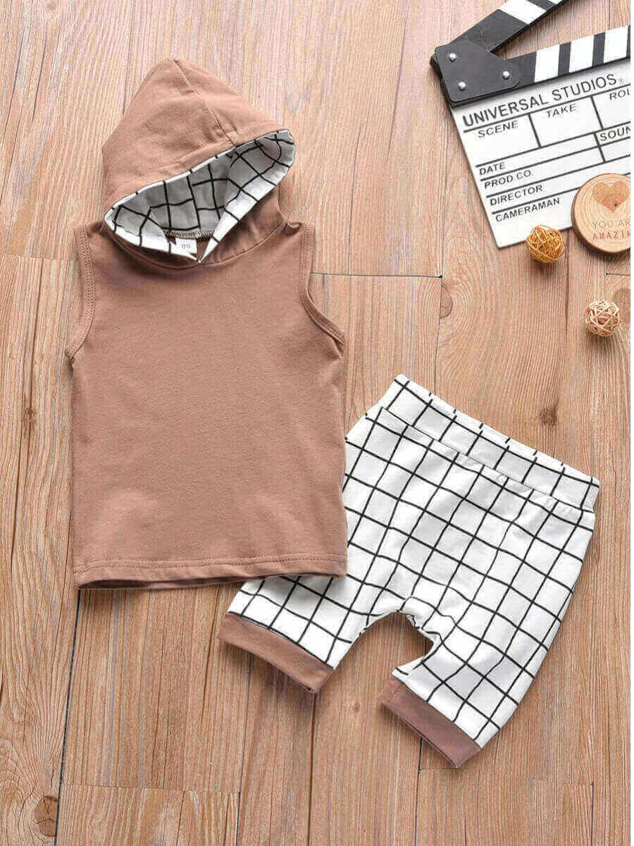 

Lovely Casual Hooded Collar Plaid Print Patchwork Brown Boy Two Piece Shorts Set