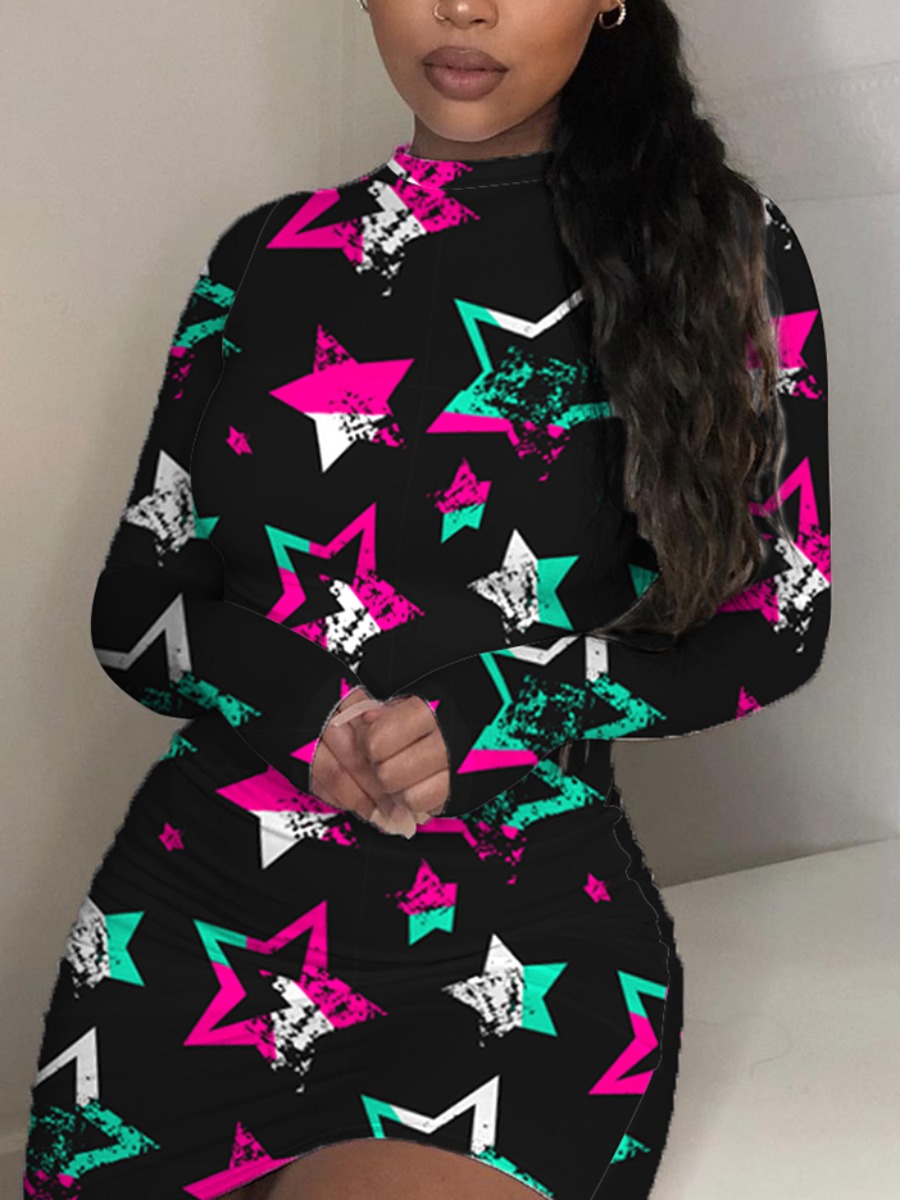 

LW Casual Star Print Patchwork Black Mini Dress