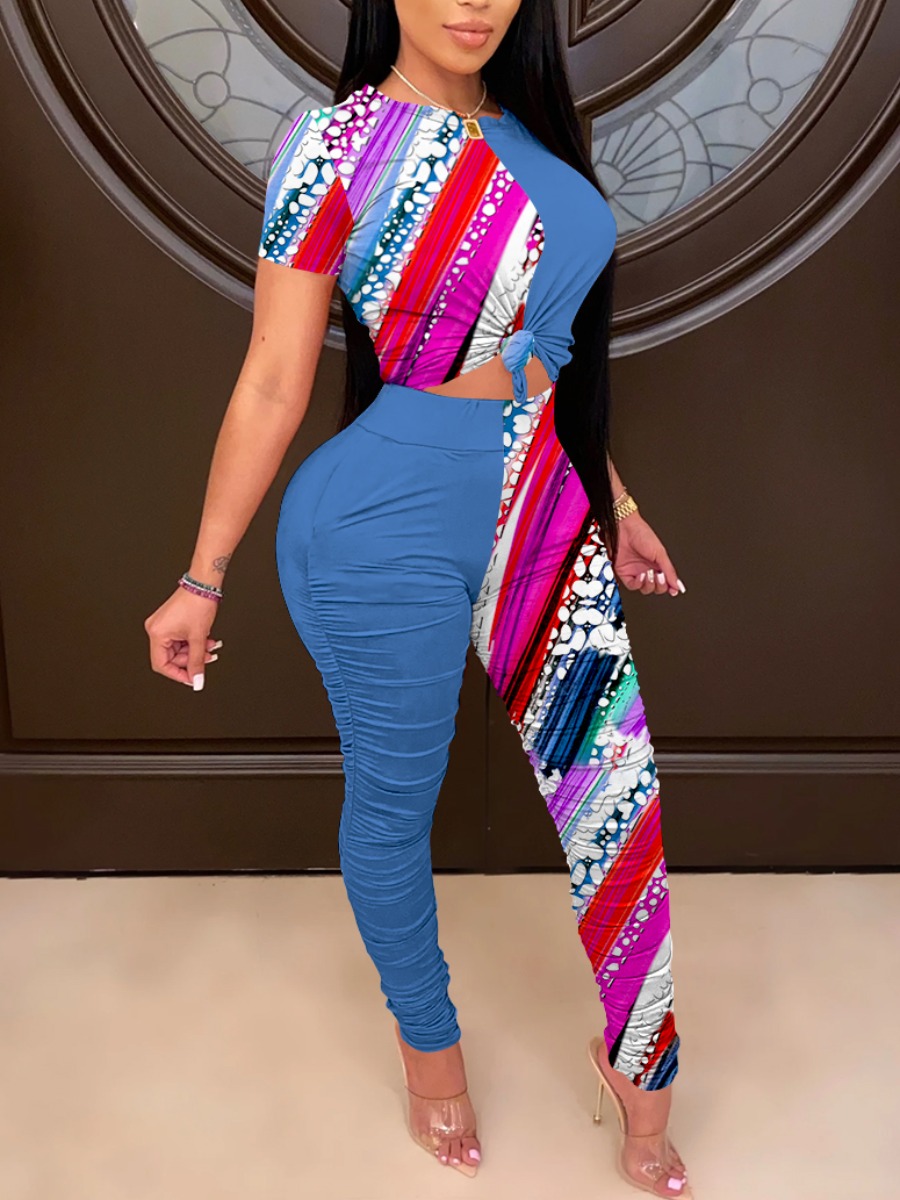 

Lovely Trendy O Neck Print Patchwork Blue Two Piece Pants Set
